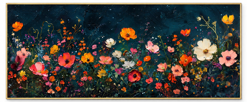 Abstract Oil Painting - Colorful Midnight Wildflowers on Canvas
