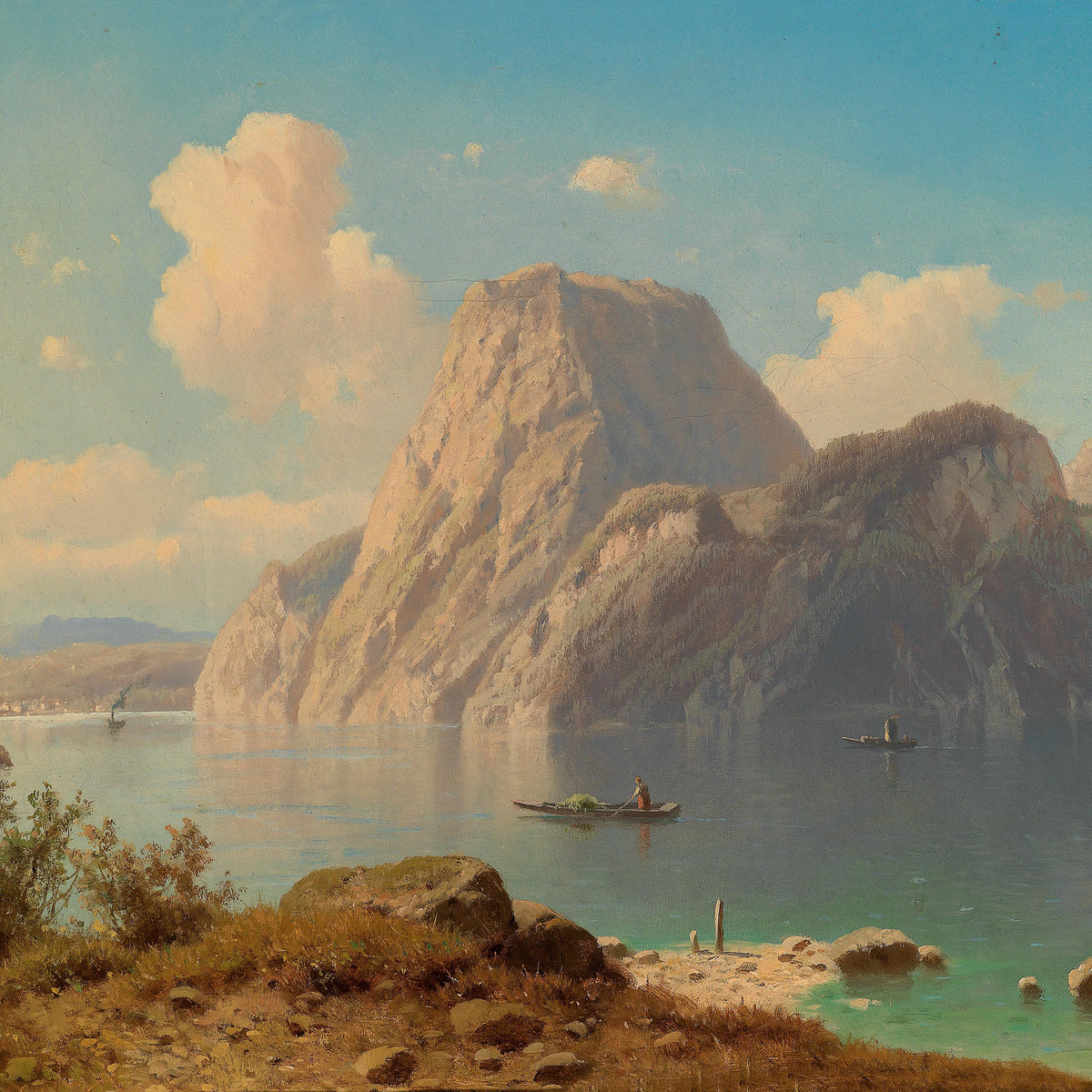 Landscape Oil Painting - Alpine Lake, Steep Rock Peaks & Calm Waters