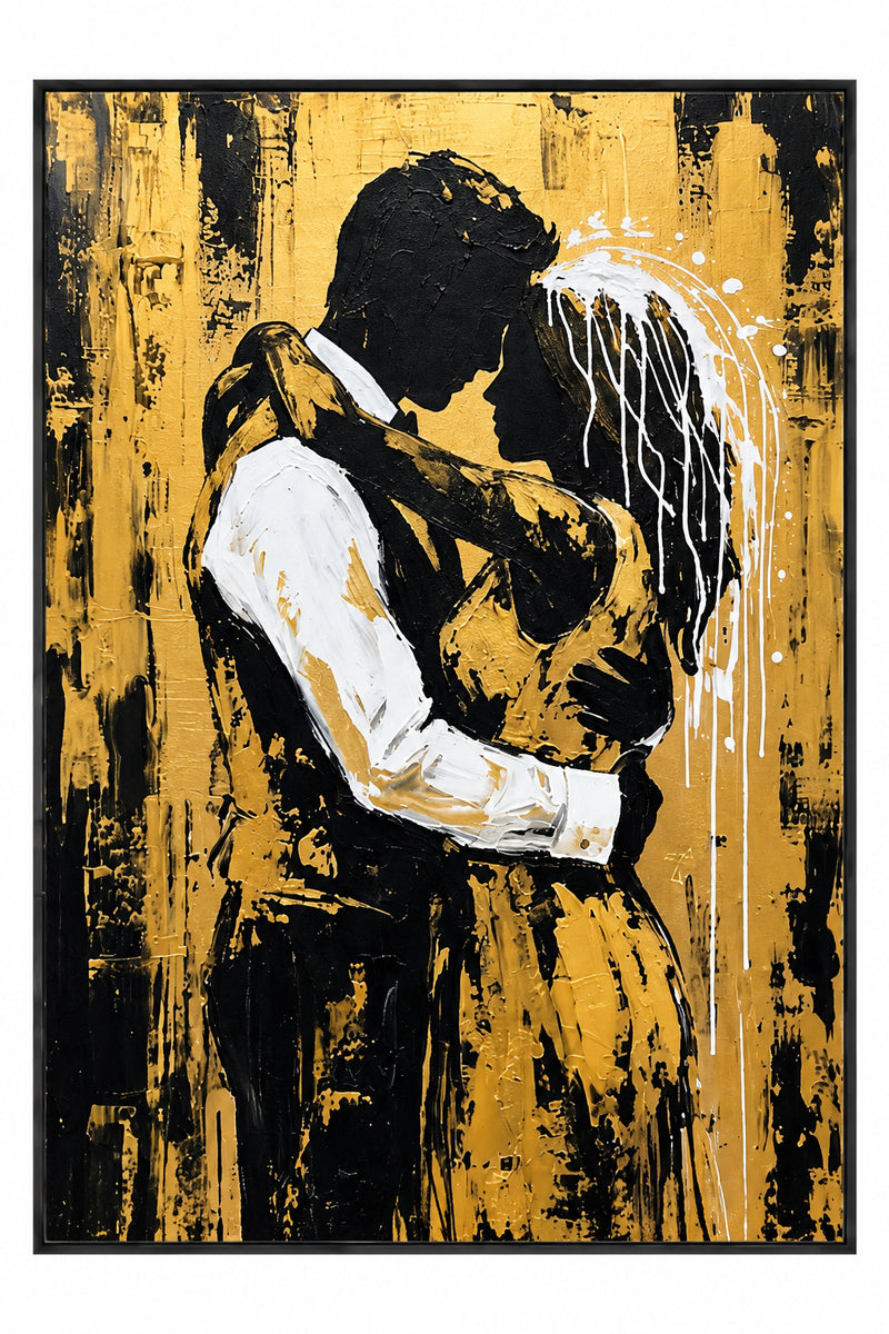Abstract Oil Painting - Black and Gold Couple in Intimate Embrace