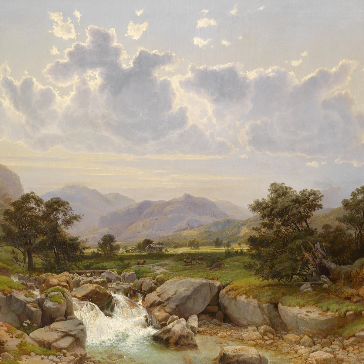 Landscape Oil Painting - Mountain Valley with Waterfall: Cloudy Sky