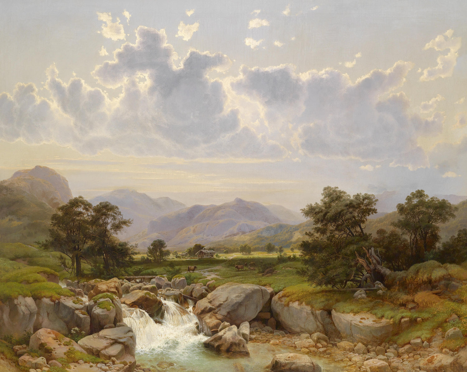 Landscape Oil Painting - Mountain Valley with Waterfall: Cloudy Sky