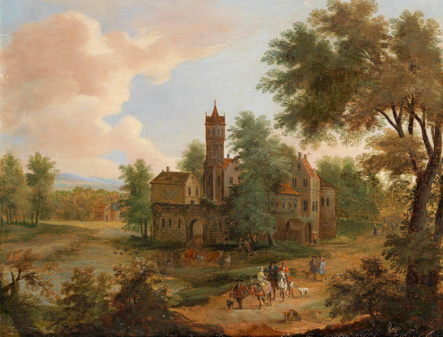Landscape Oil Painting - Castle Estate with Tower: Livestock & Scenic