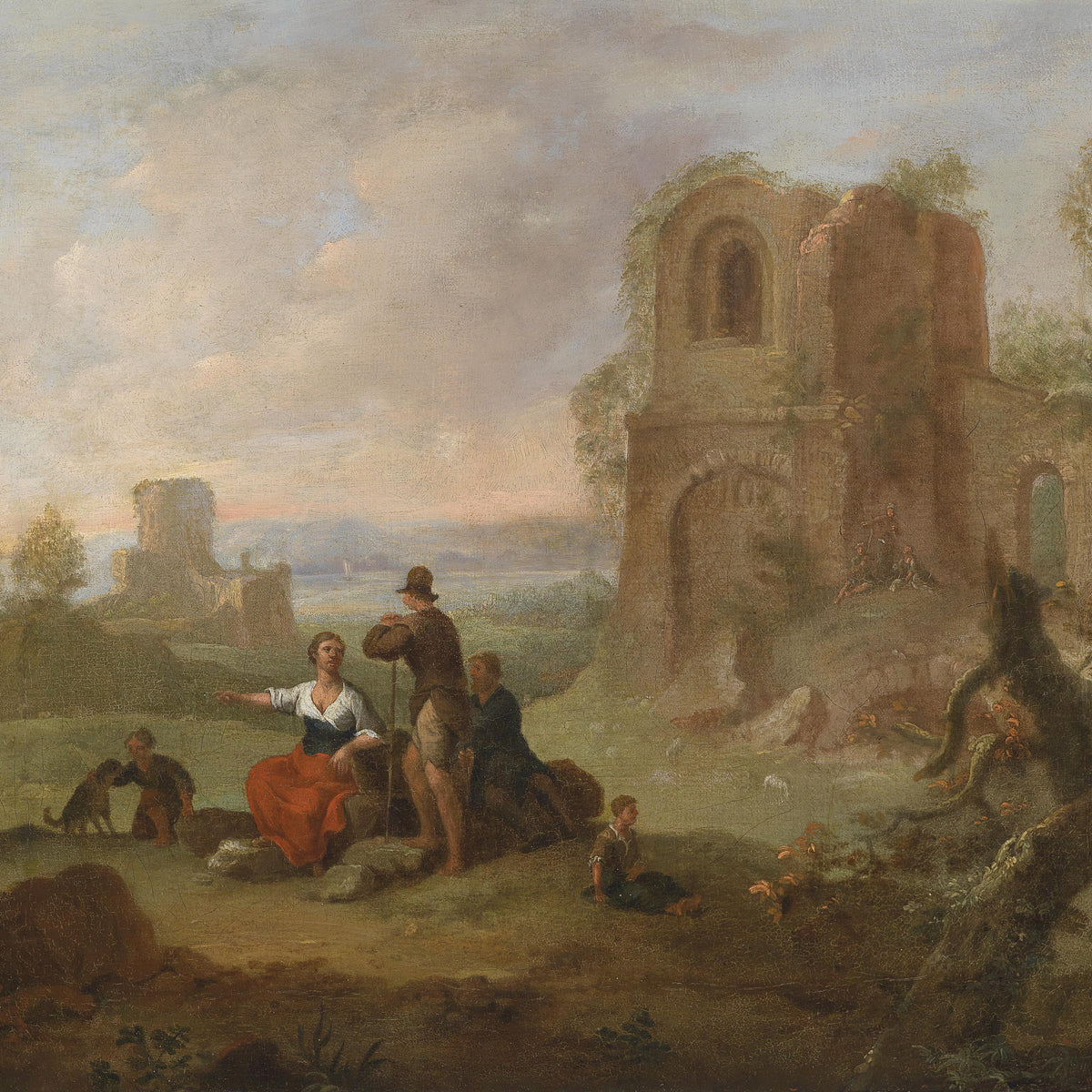 Landschaftsgemälde in Öl – Mann auf Esel, Frau, Hund und ländliches Feld