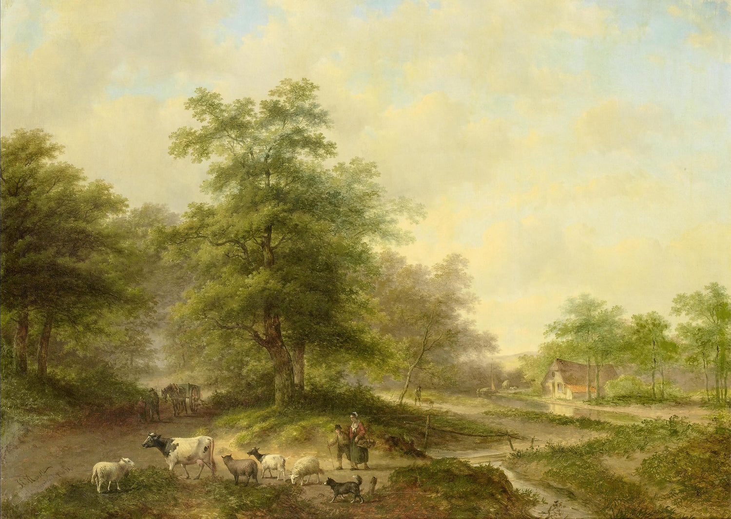 Scène champêtre avec bétail – Peinture à l'huile peinte à la main