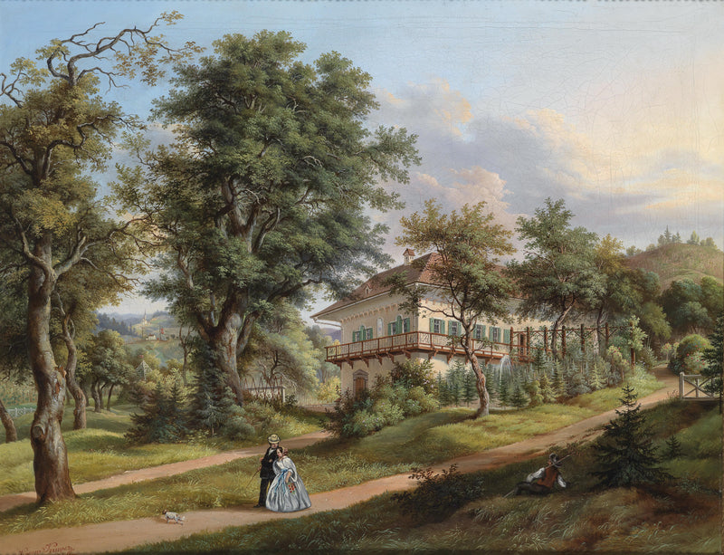 Landscape Oil Painting - Country Villa & Large Trees: Reclining Figure