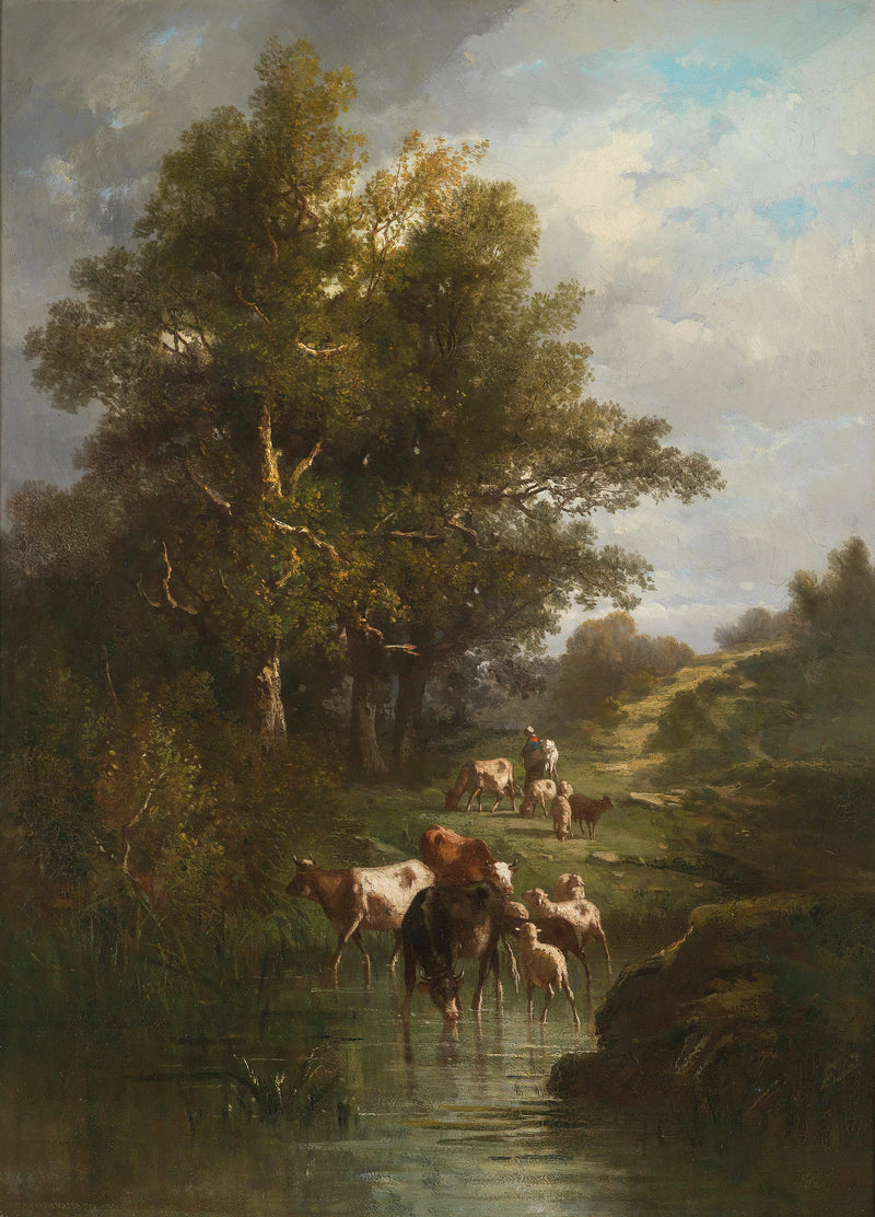 Pastoral Forest Stream with Cattle | Hand-Painted Landscape Oil Art