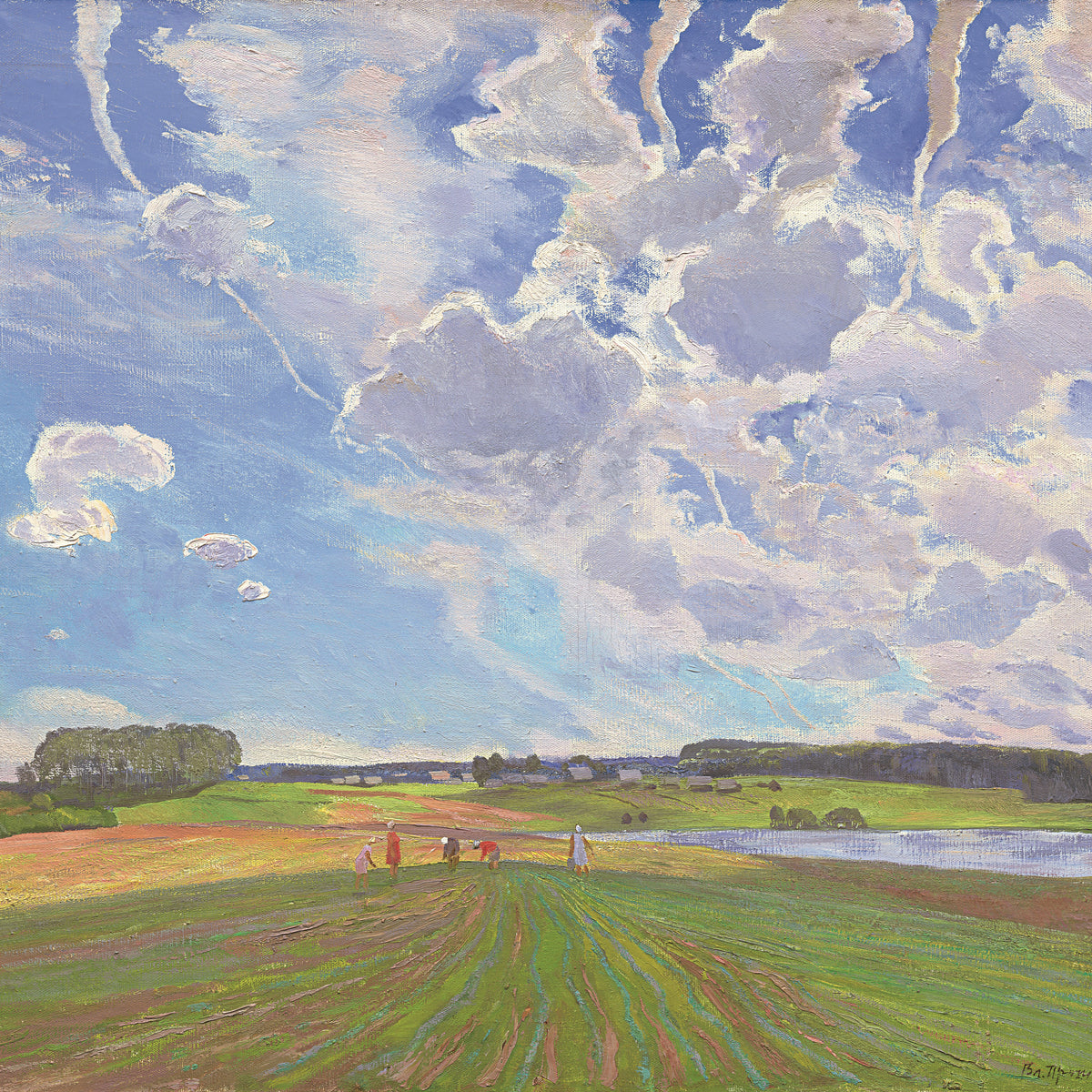 Landscape Oil Painting - Rural Field Scene: Workers & Dramatic Clouds