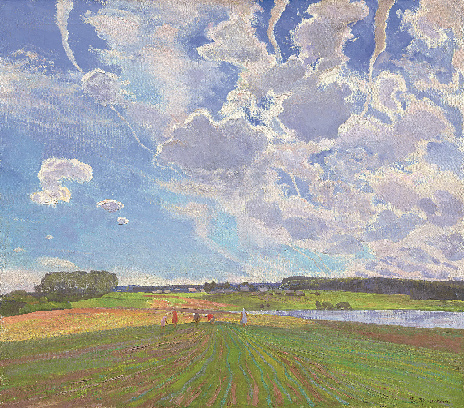 Landscape Oil Painting - Rural Field Scene: Workers & Dramatic Clouds