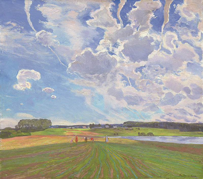 Landscape Oil Painting - Rural Field Scene: Workers & Dramatic Clouds