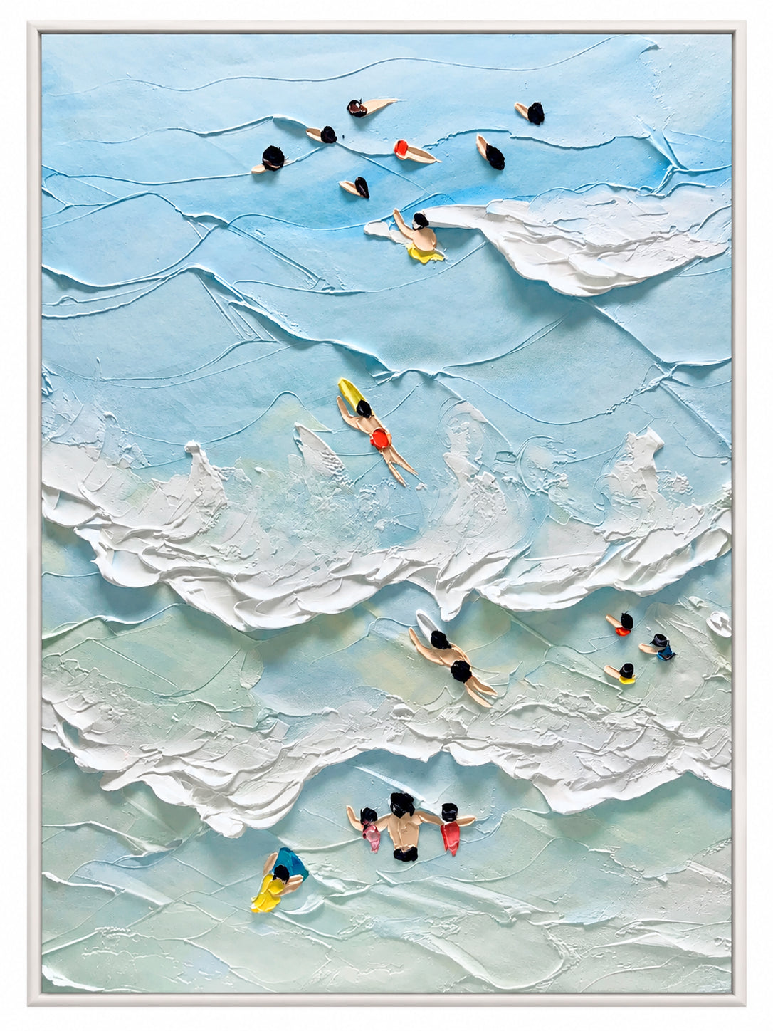 Abstract Oil Painting - Swimmers in Blue Ocean Waves on Canvas