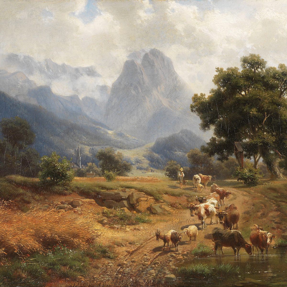 Pastoral Mountain Landscape Oil Painting with Cattle and Country Path