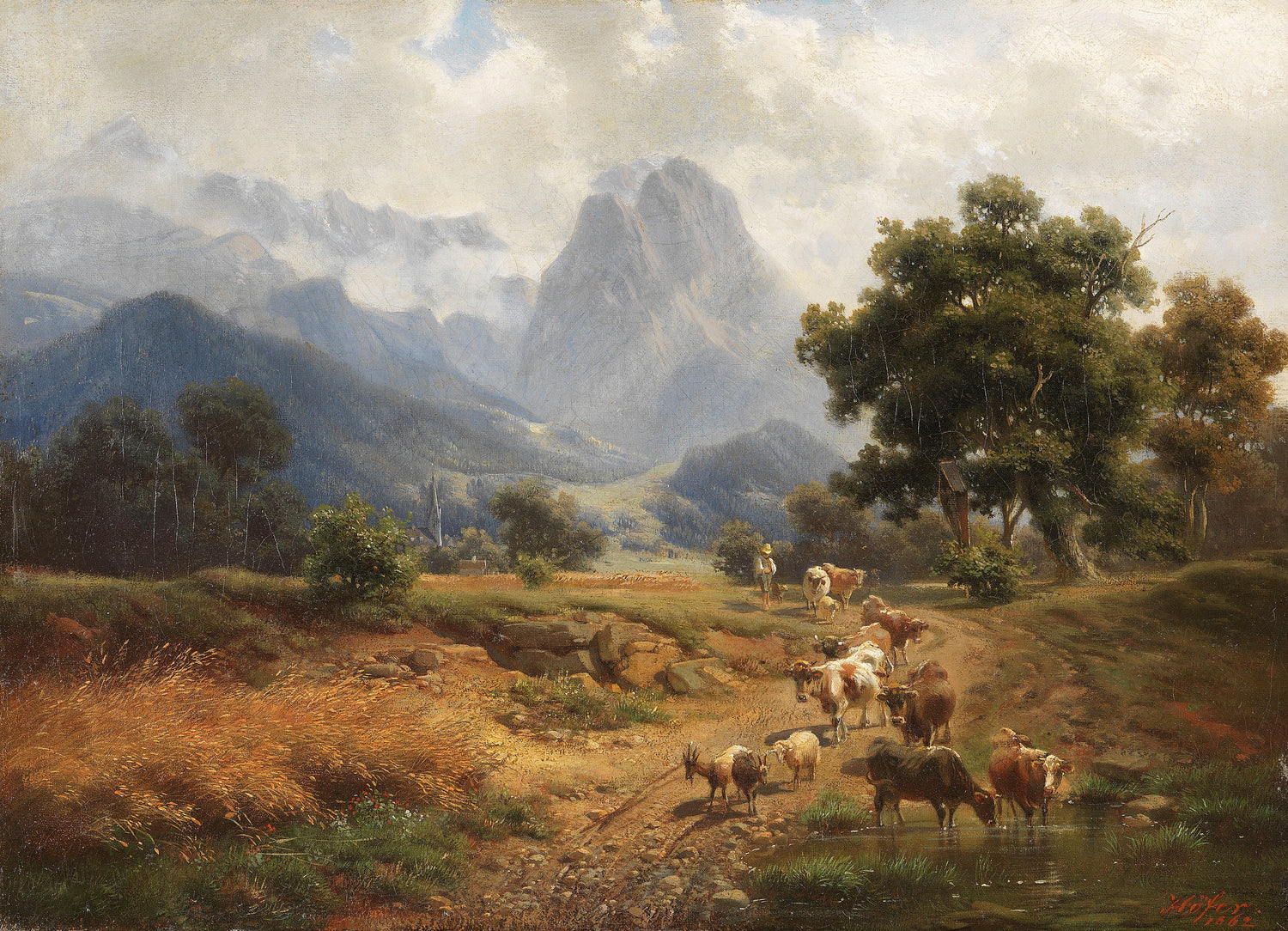 Pastoral Mountain Landscape Oil Painting with Cattle and Country Path