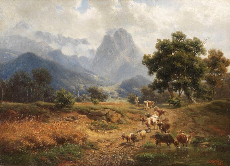 Pastoral Mountain Landscape Oil Painting with Cattle and Country Path