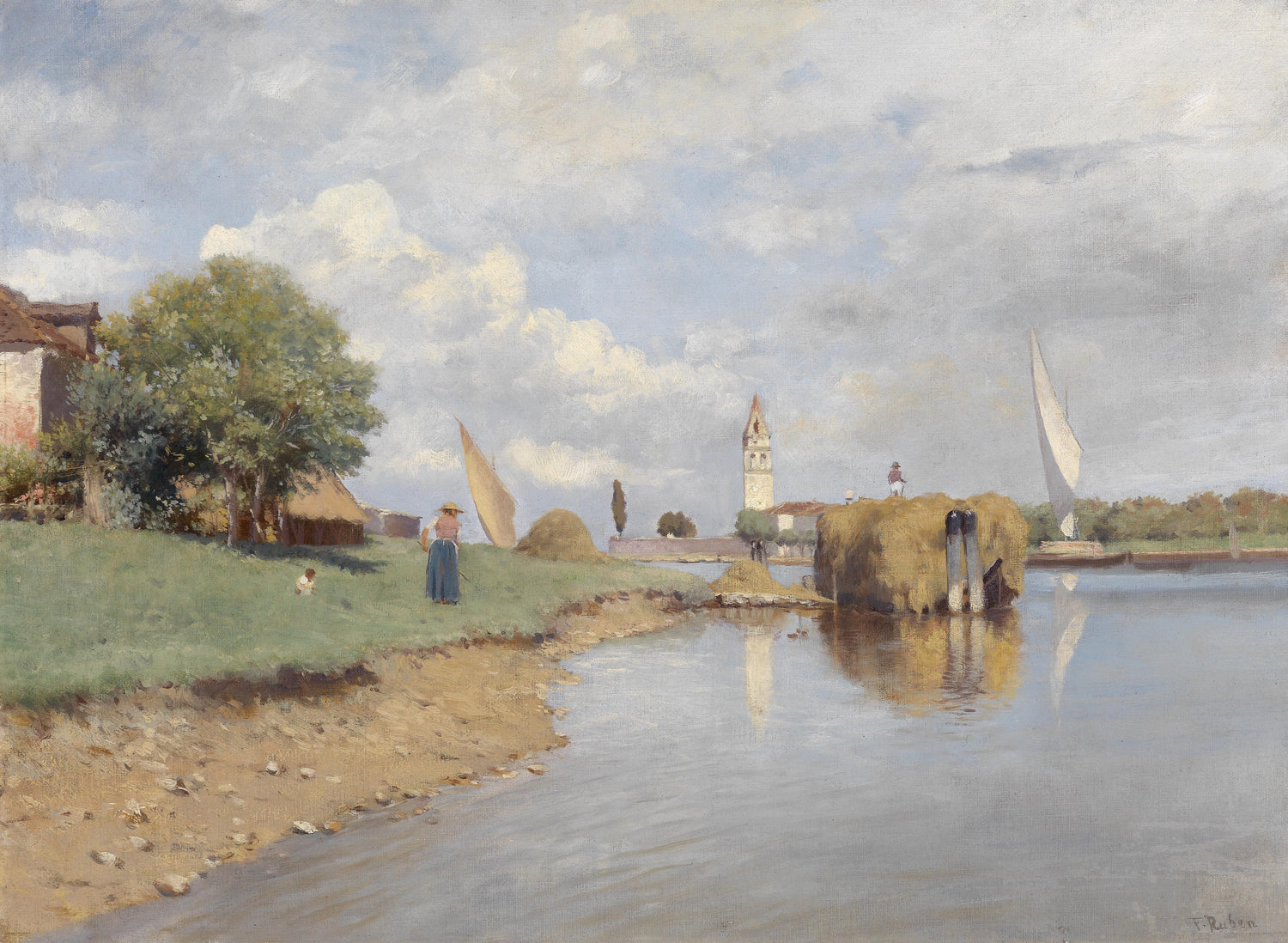 Landscape Oil Painting - Canal, Hay Barge, Woman & Distant Bell Tower