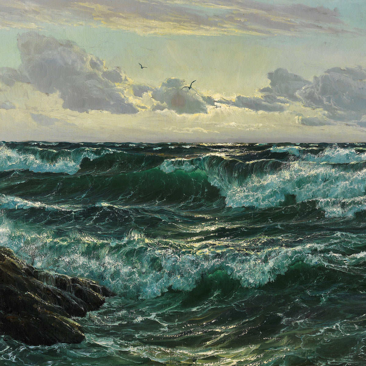 Dramatic Seascape Oil Painting with Crashing Waves and Open Sea