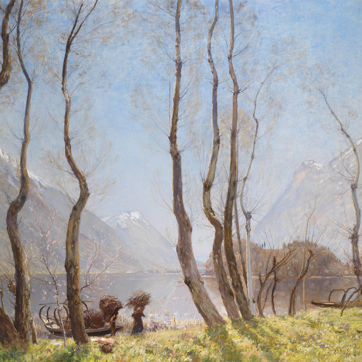 Landscape Oil Painting - Lake & Snowy Peaks: Early Spring Trees