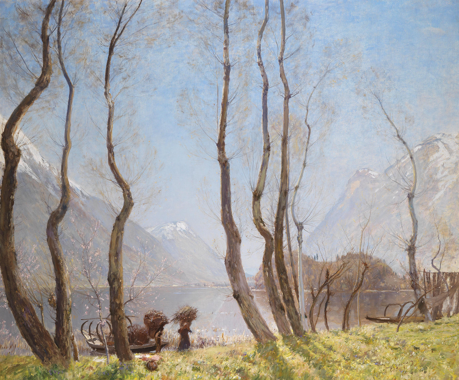 Landscape Oil Painting - Lake & Snowy Peaks: Early Spring Trees