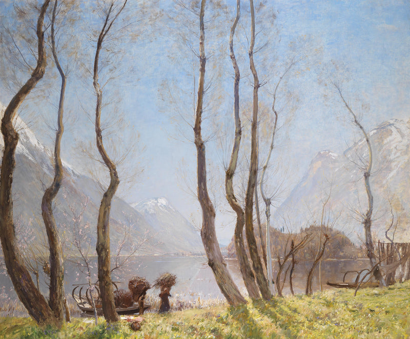 Landscape Oil Painting - Lake & Snowy Peaks: Early Spring Trees