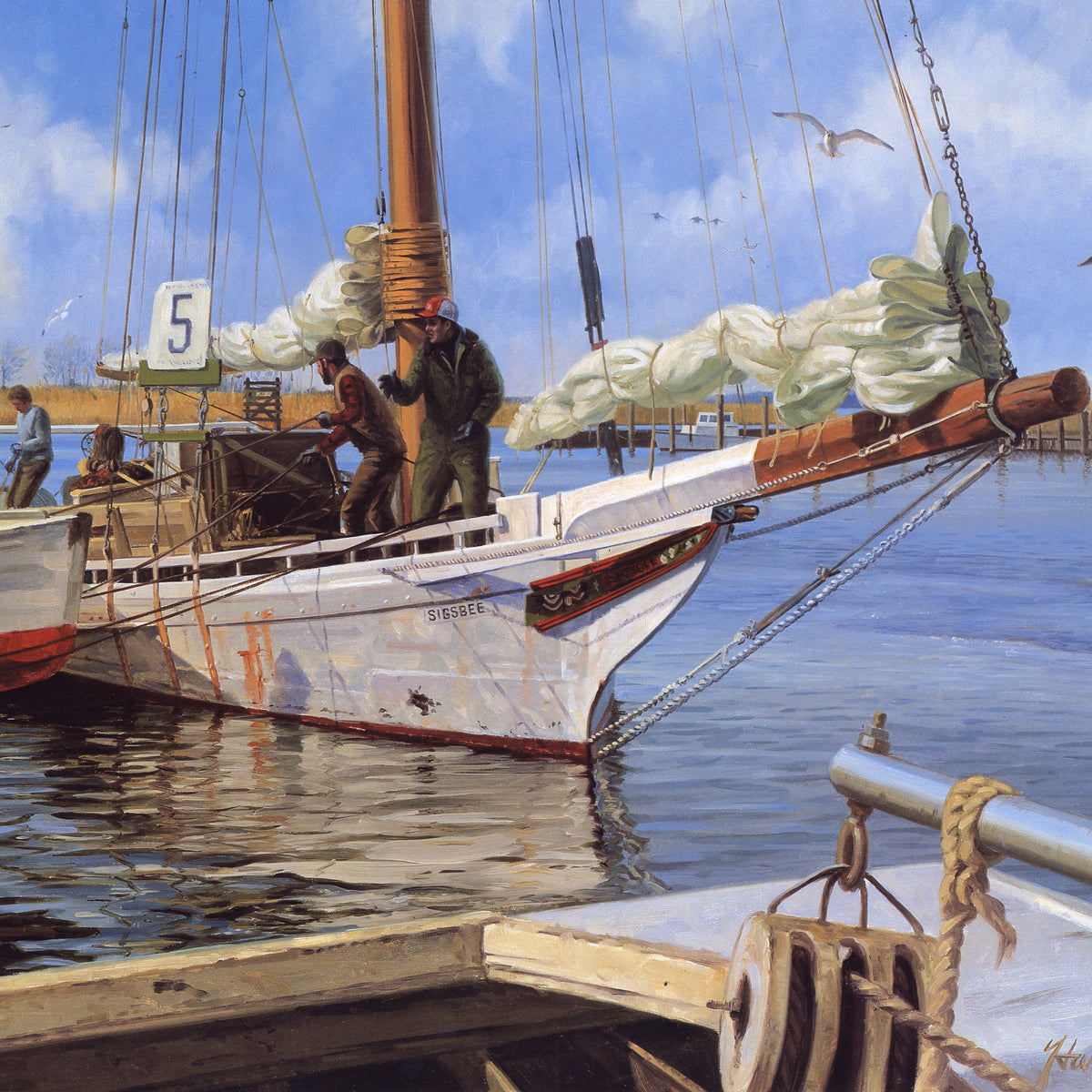 Hand-painted harbor workboat scene nautical oil painting on canvas