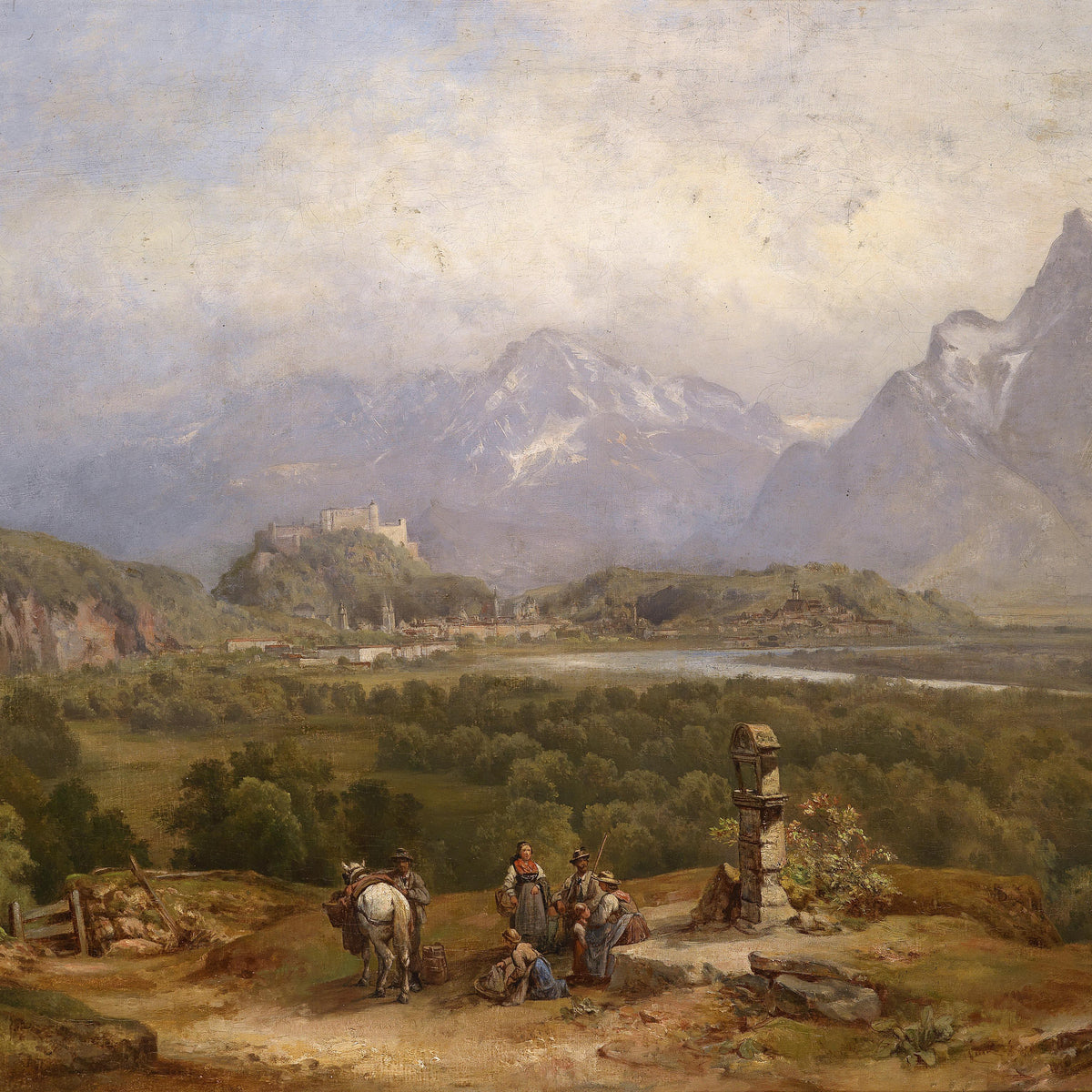 Landscape Oil Painting - Snowy Peaks Valley: Hilltop Castle & Figures