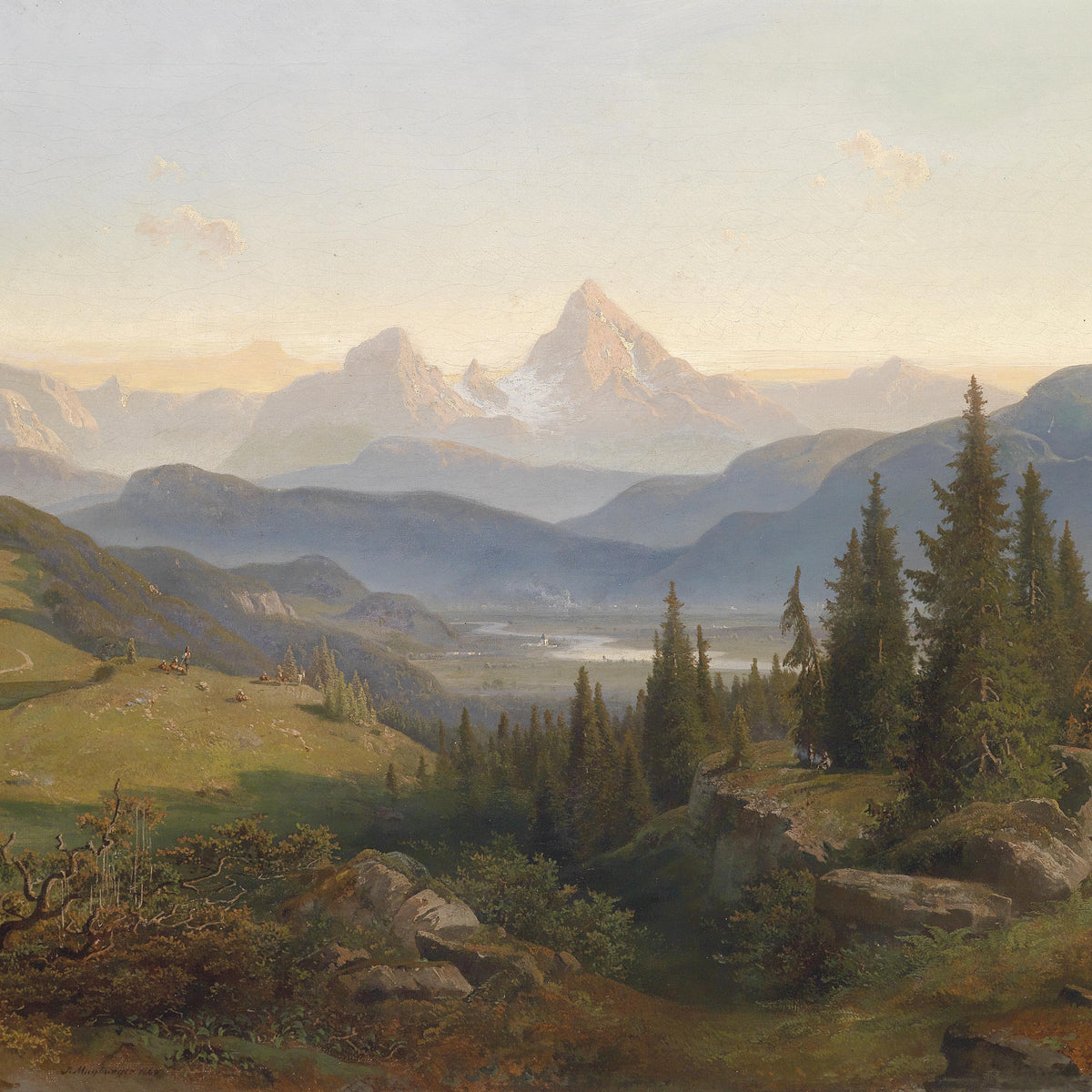 Landscape Oil Painting - Alpine Mountain, Snow-Capped Peak, Meadow