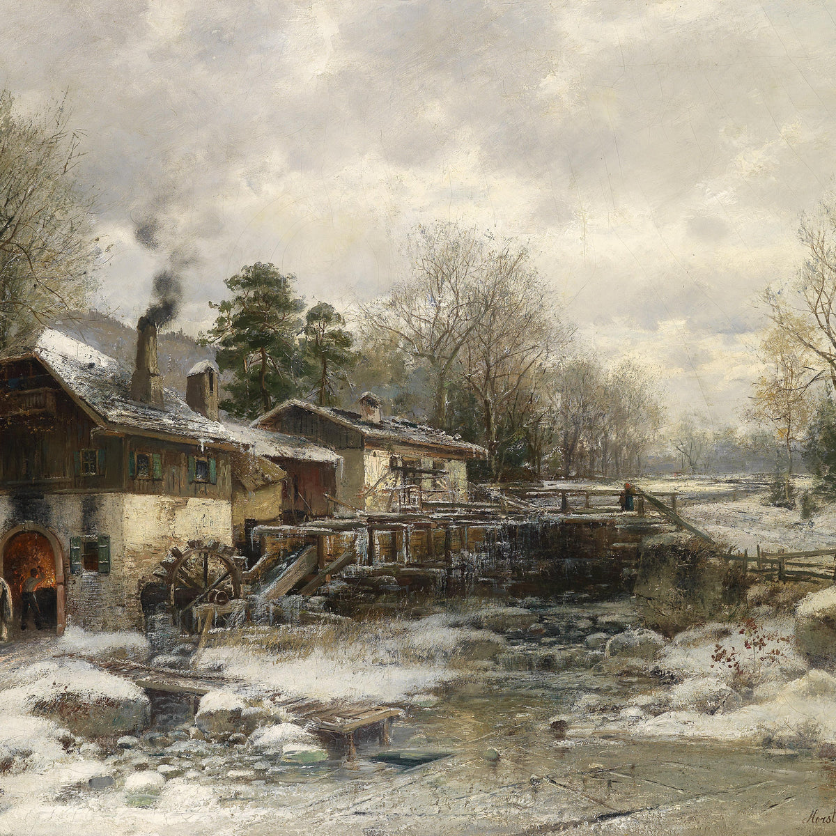 Landscape Oil Painting - Winter Mill, Snowy Cottage, Waterwheel & Horses
