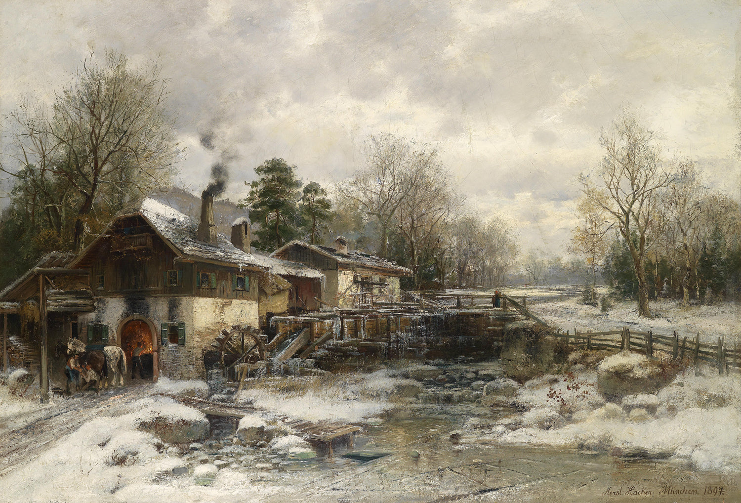Landscape Oil Painting - Winter Mill, Snowy Cottage, Waterwheel & Horses