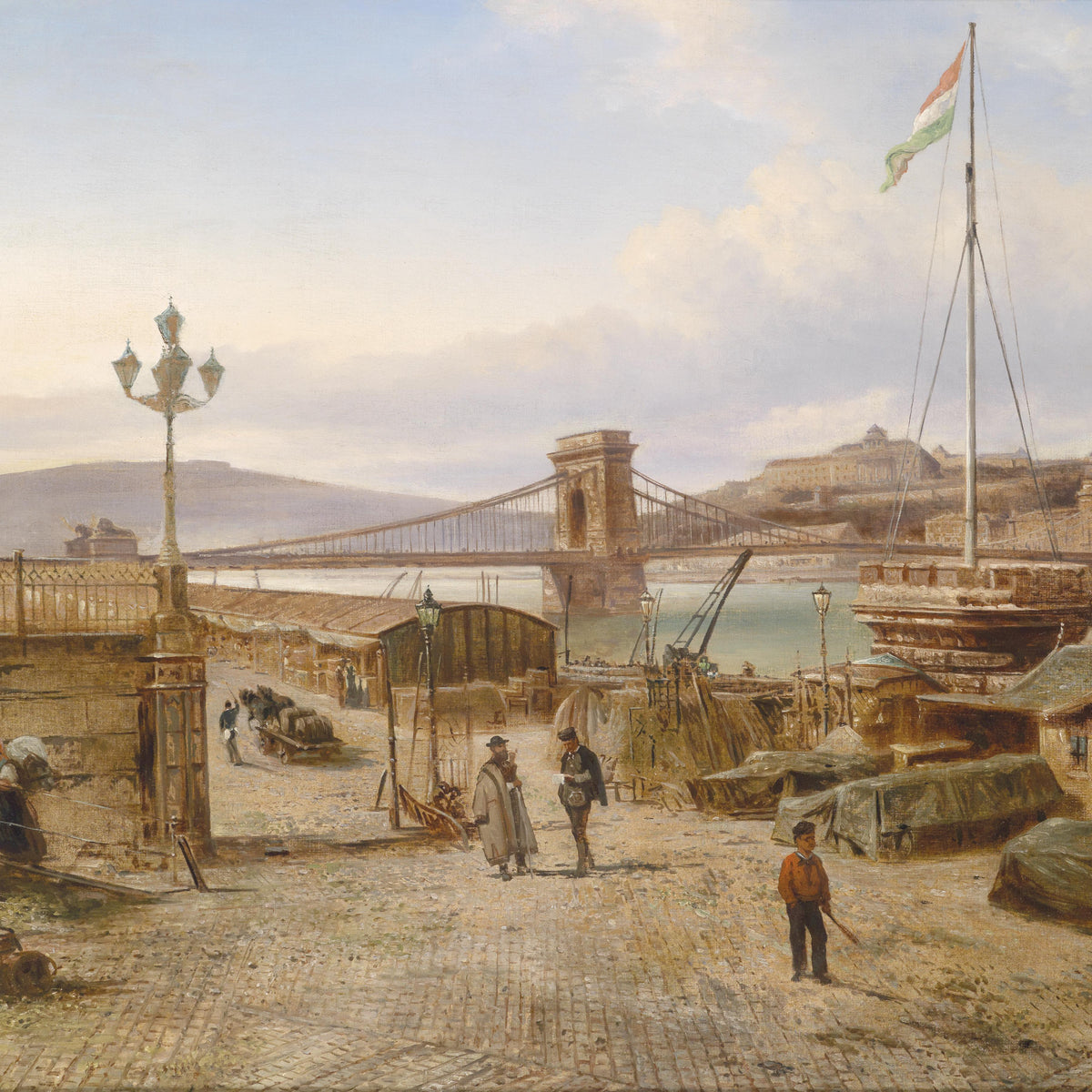 Landscape Oil Painting - Budapest Port: Chain Bridge, Castle Hill & Flag
