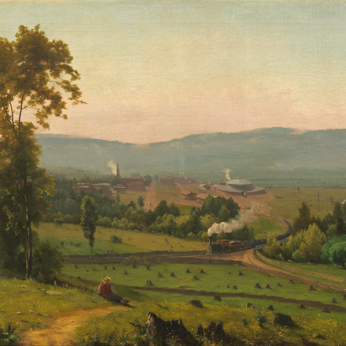 Landscape Oil Painting - Rural with Steam Train Town, Resting Figure