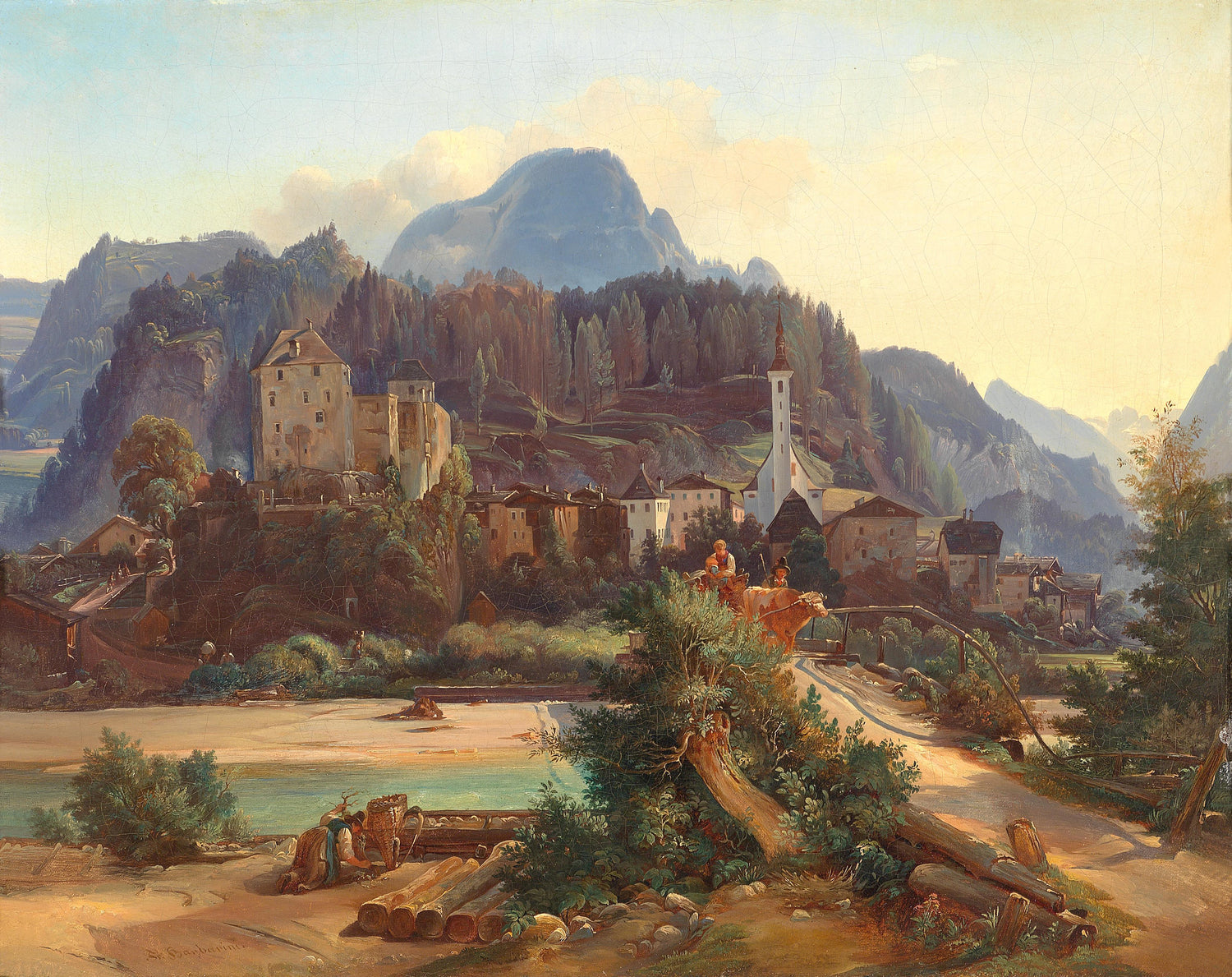 Alpine Village Landscape Oil Painting with Castle and Mountain View