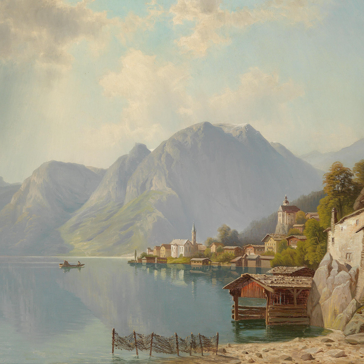 Alpine Lakeside Village Oil Painting with Mountains and Reflections