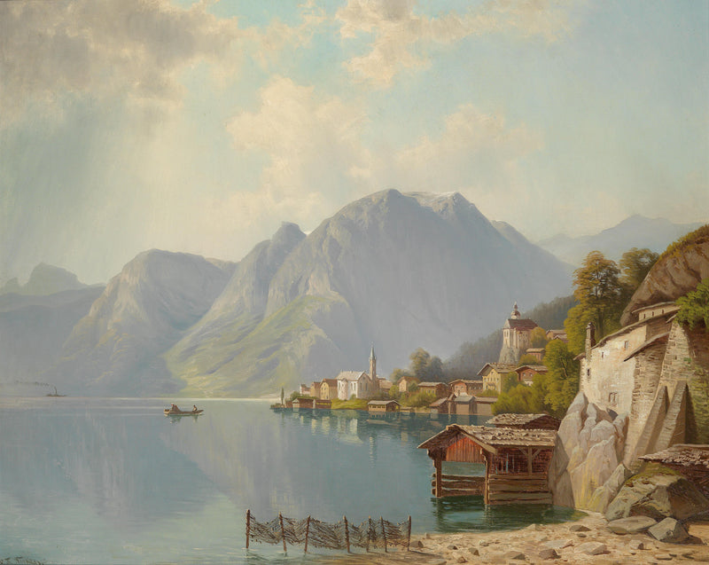 Alpine Lakeside Village Oil Painting with Mountains and Reflections