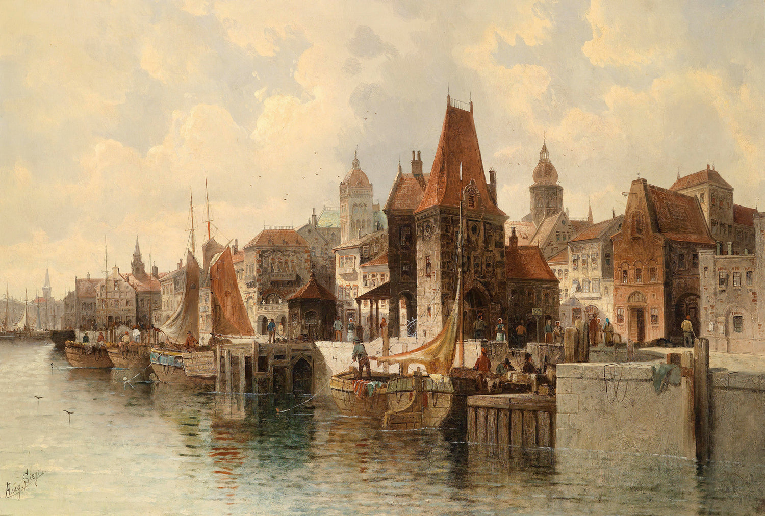 Landscape Oil Painting - Historic Port Town: Spired Tower, Sailing Ships