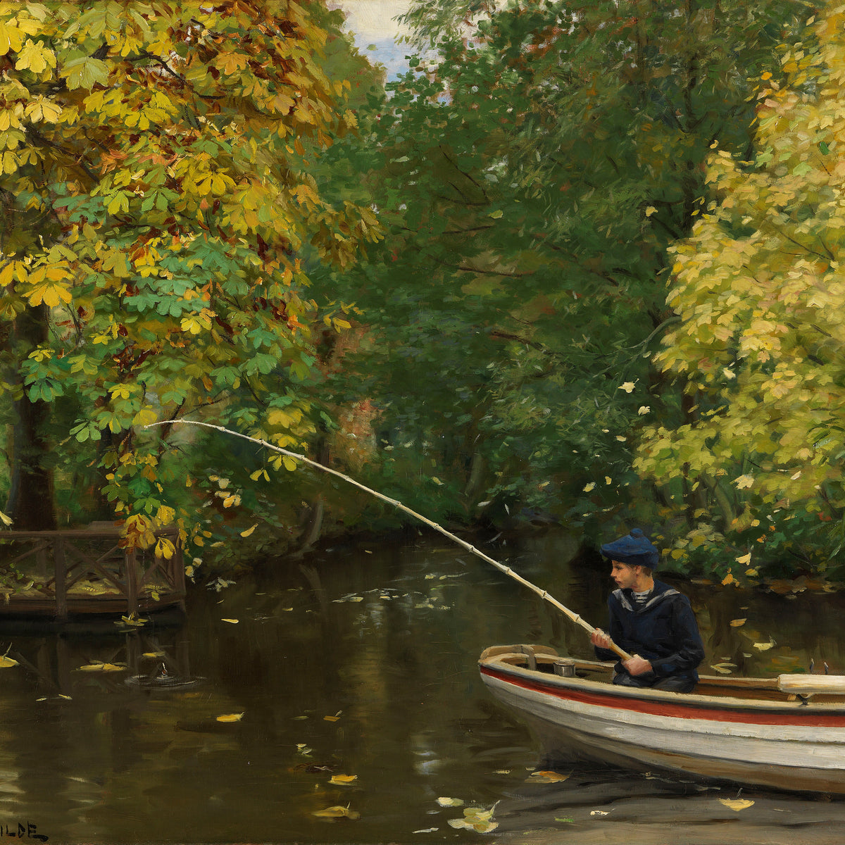 Autumn River Landscape Oil Painting with Figure Fishing Boat