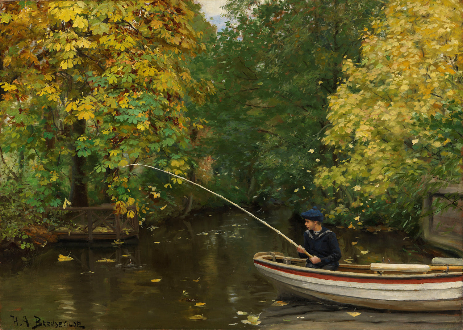 Autumn River Landscape Oil Painting with Figure Fishing Boat