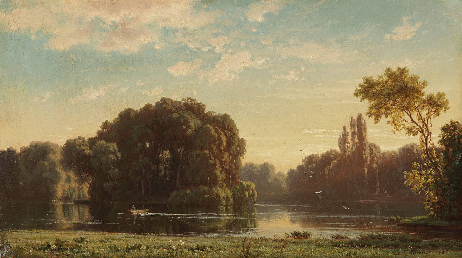 Calm Riverside Landscape Oil Painting with Trees and Soft Reflections