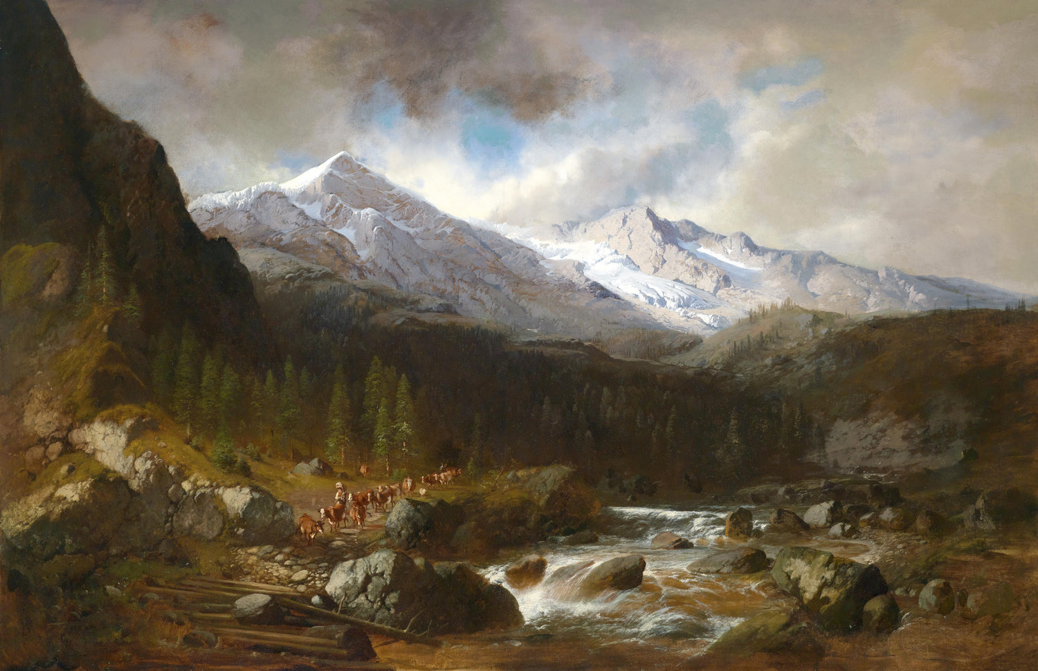 Landscape Oil Painting - Alpine Mountain, Snow Peaks, Stream & Cattle Herd