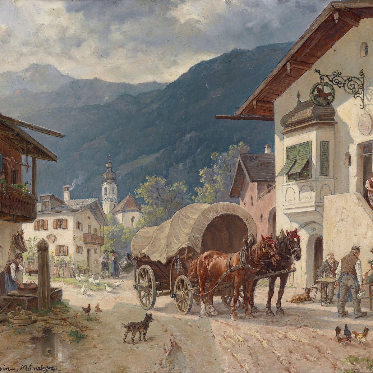 Landscape Oil Painting - Alpine Village Square: Horse-Drawn Cart