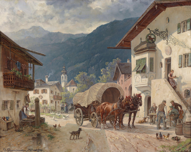 Landscape Oil Painting - Alpine Village Square: Horse-Drawn Cart