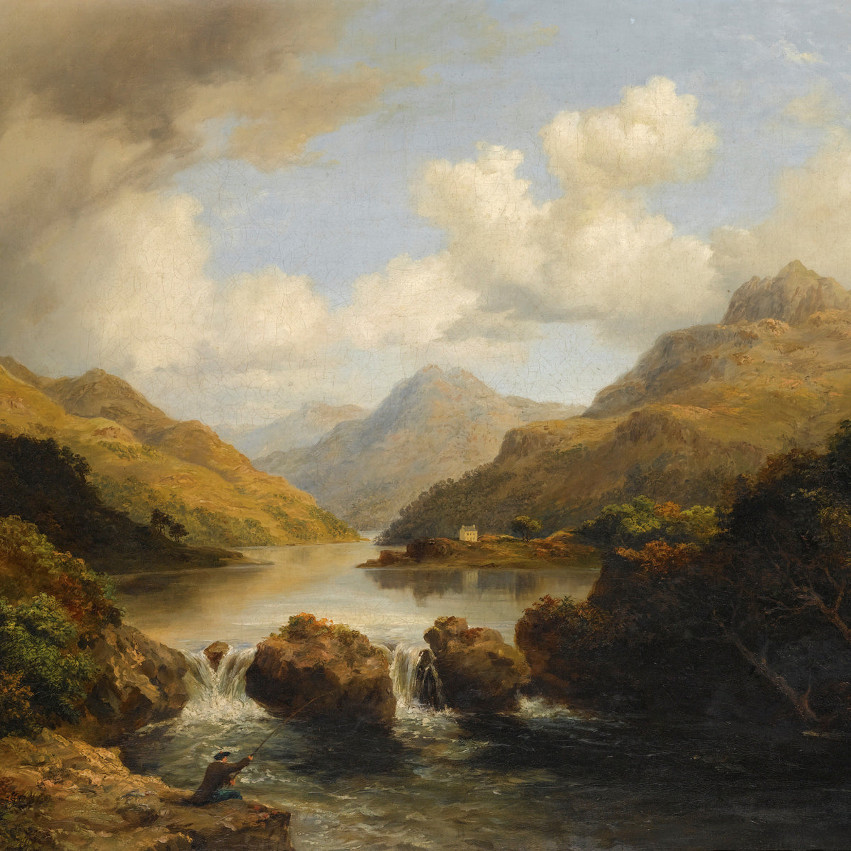 Mountain Lake and Waterfall Landscape Hand-Painted Oil Painting