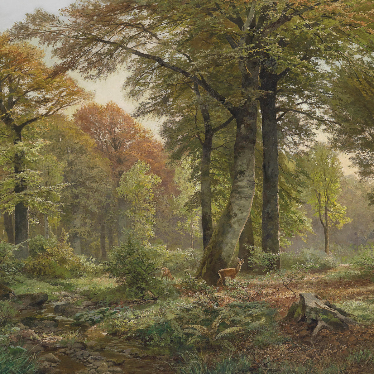 Landscape Oil Painting - Autumn Forest, Deer, Stream & Towering Trees