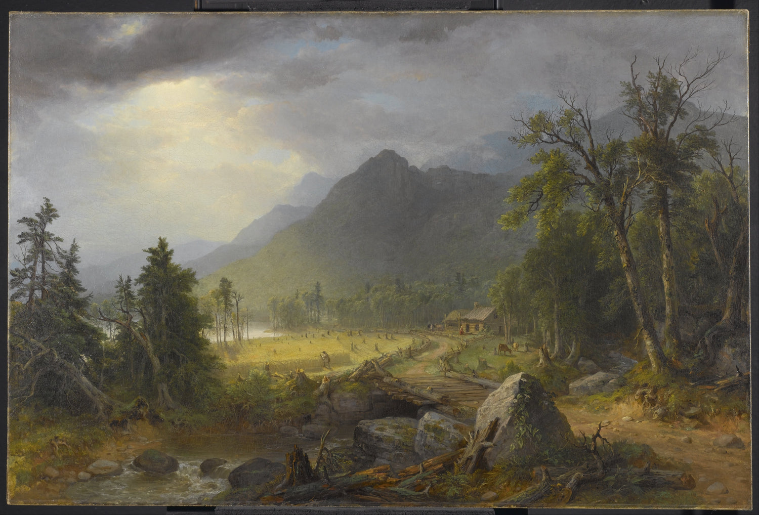 Landscape Oil Painting - Hudson River School Mountain, Footbridge & Cabin