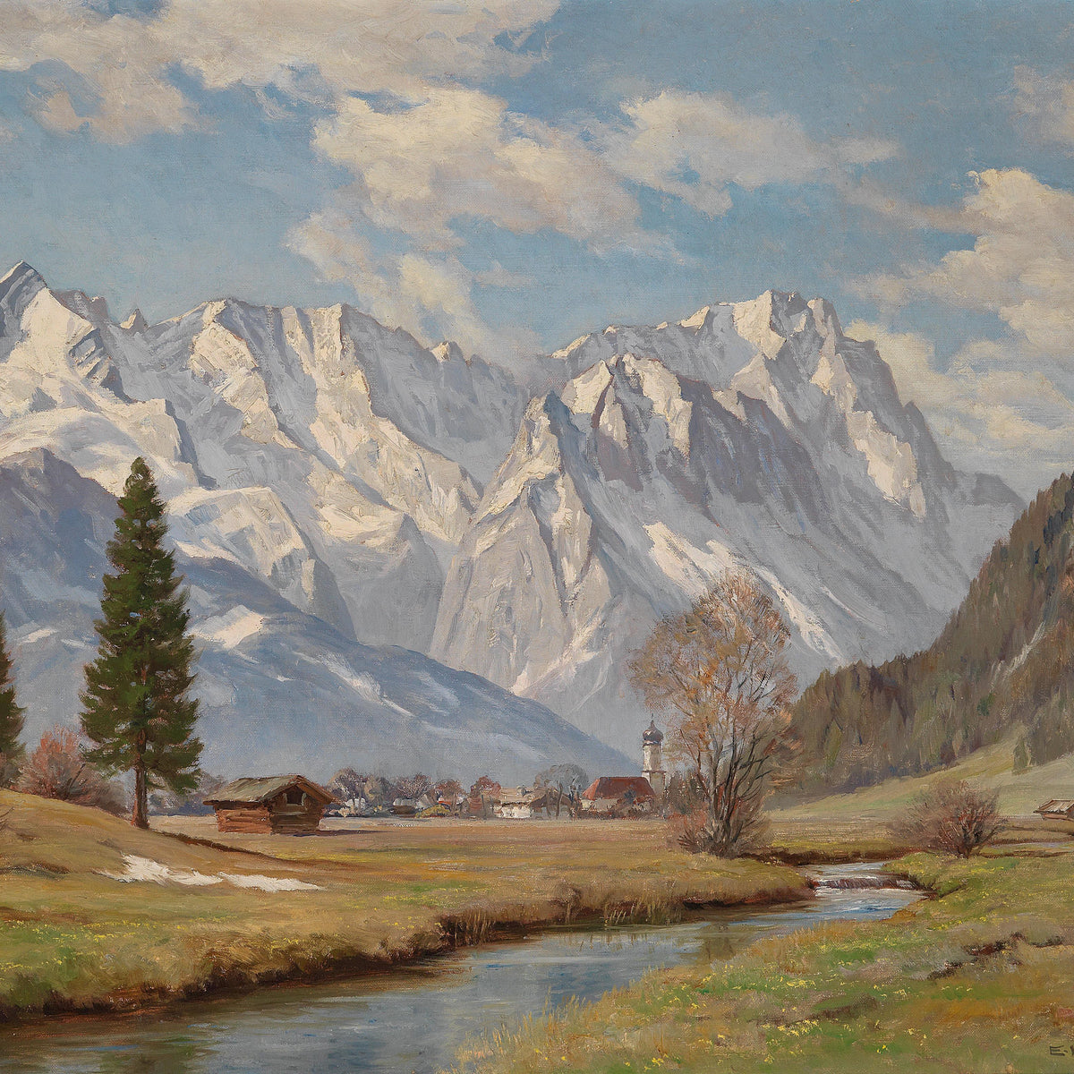 Alpine Village and Snowy Mountains Hand-Painted Landscape Oil Painting