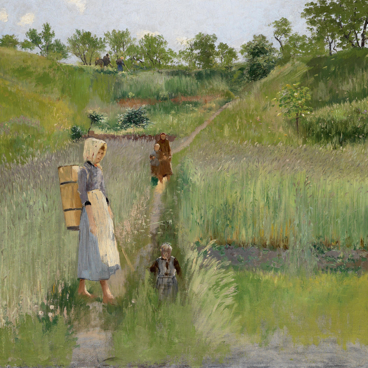 Landscape Oil Painting - Pastoral Path: Woman, Children & Field Workers