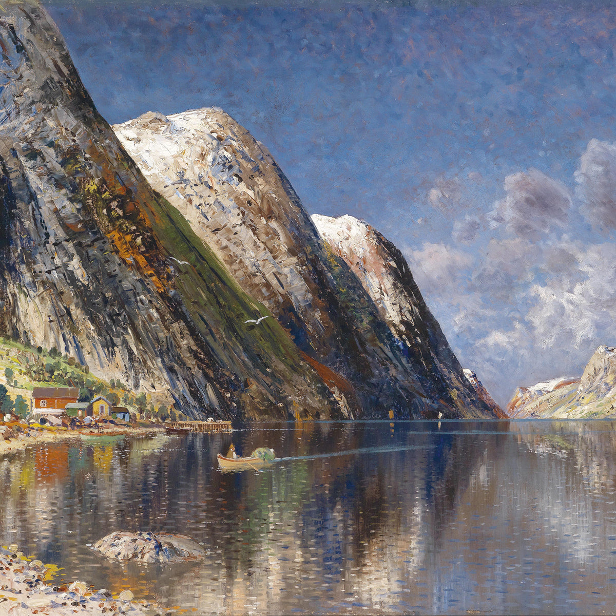 Landscape Oil Painting - Norwegian Fjord, Snow-Capped Peaks & Rowboat