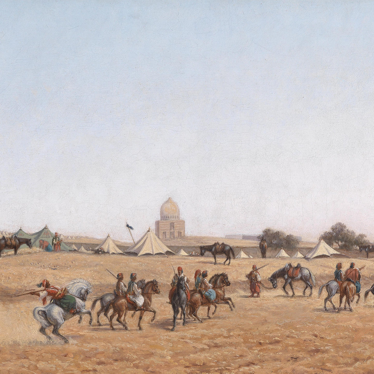 Landscape Oil Painting - Desert Camp & Cavalry, Tents, Dome Structure
