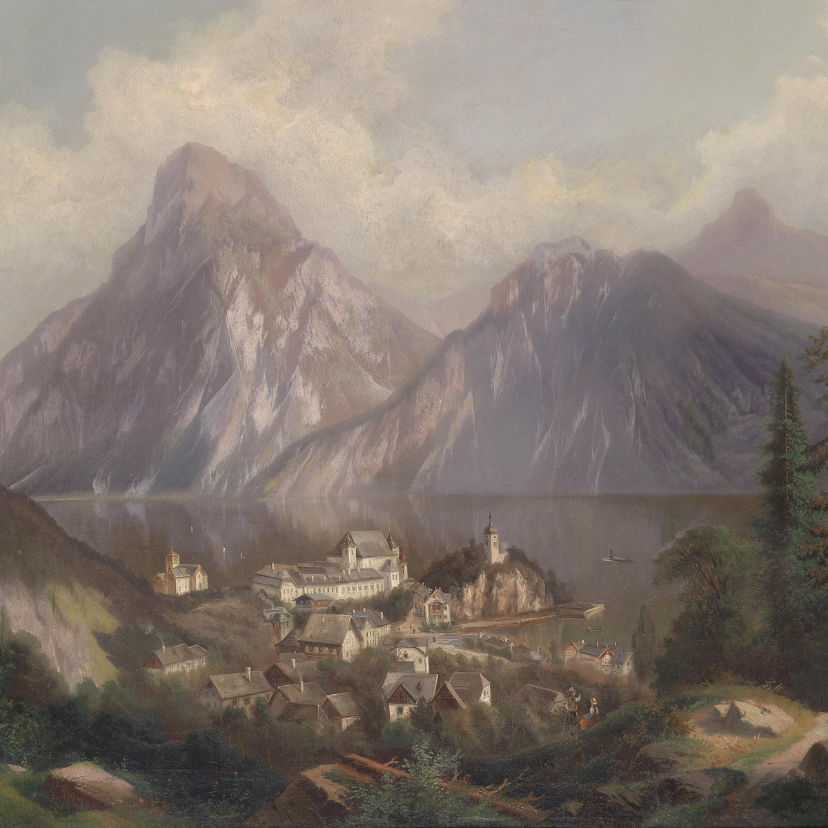 Landscape Oil Painting - Alpine Mountain Lake & Village: Path Figures