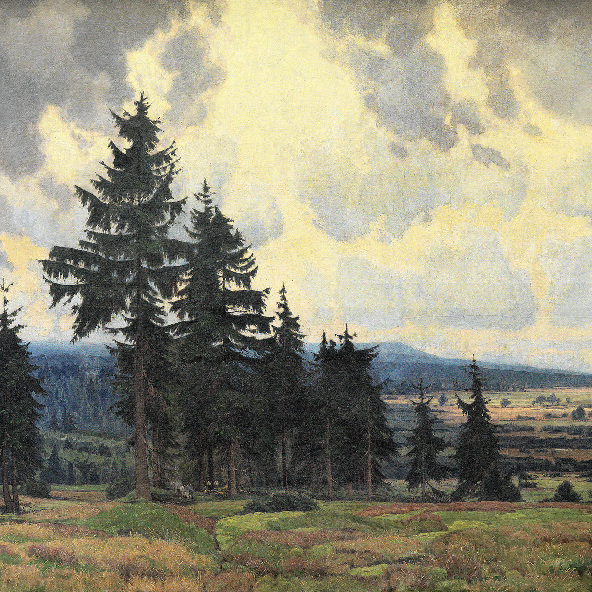 Pine Forest Landscape Oil Painting under a Dramatic Cloudy Sky