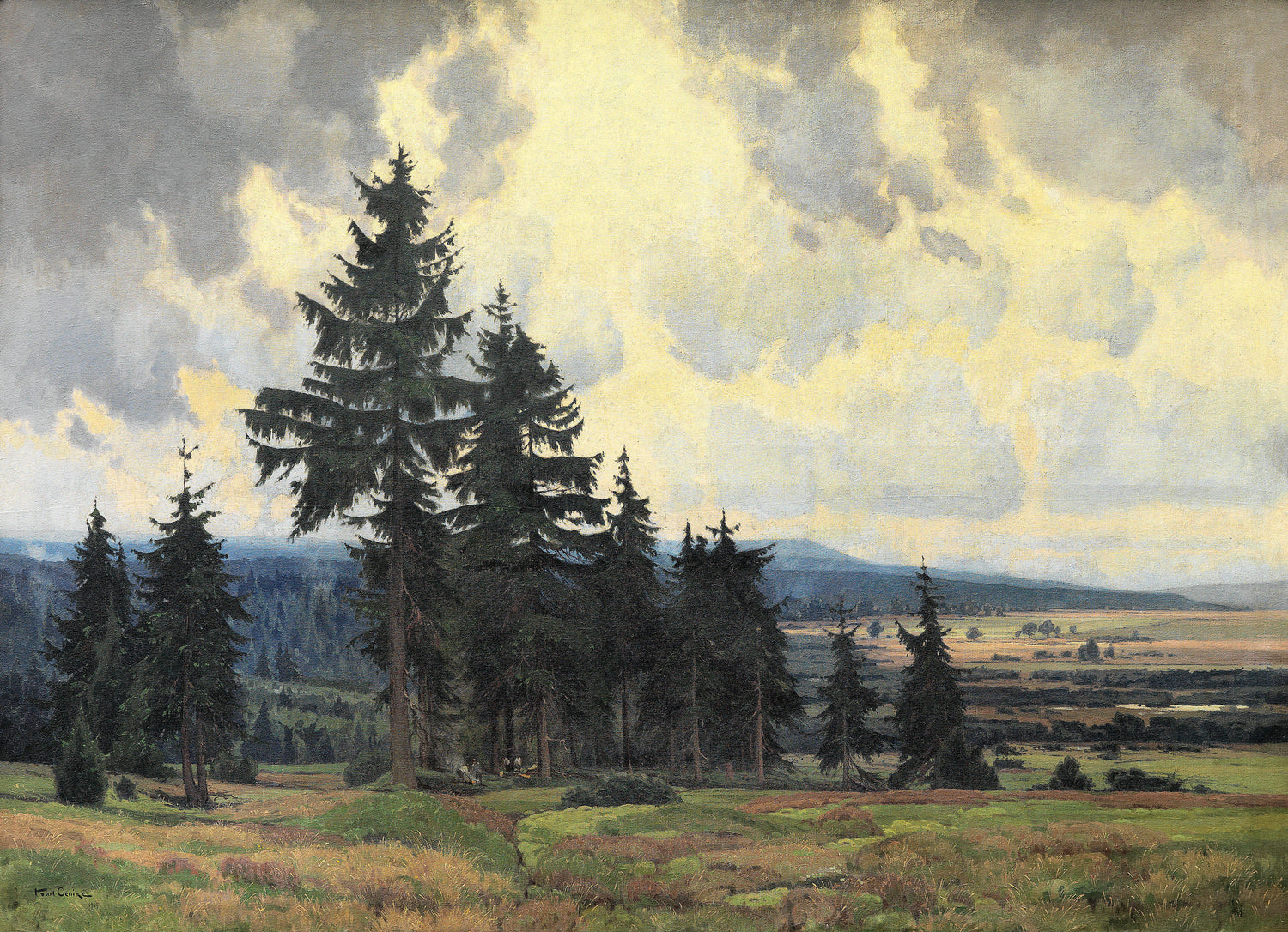 Pine Forest Landscape Oil Painting under a Dramatic Cloudy Sky