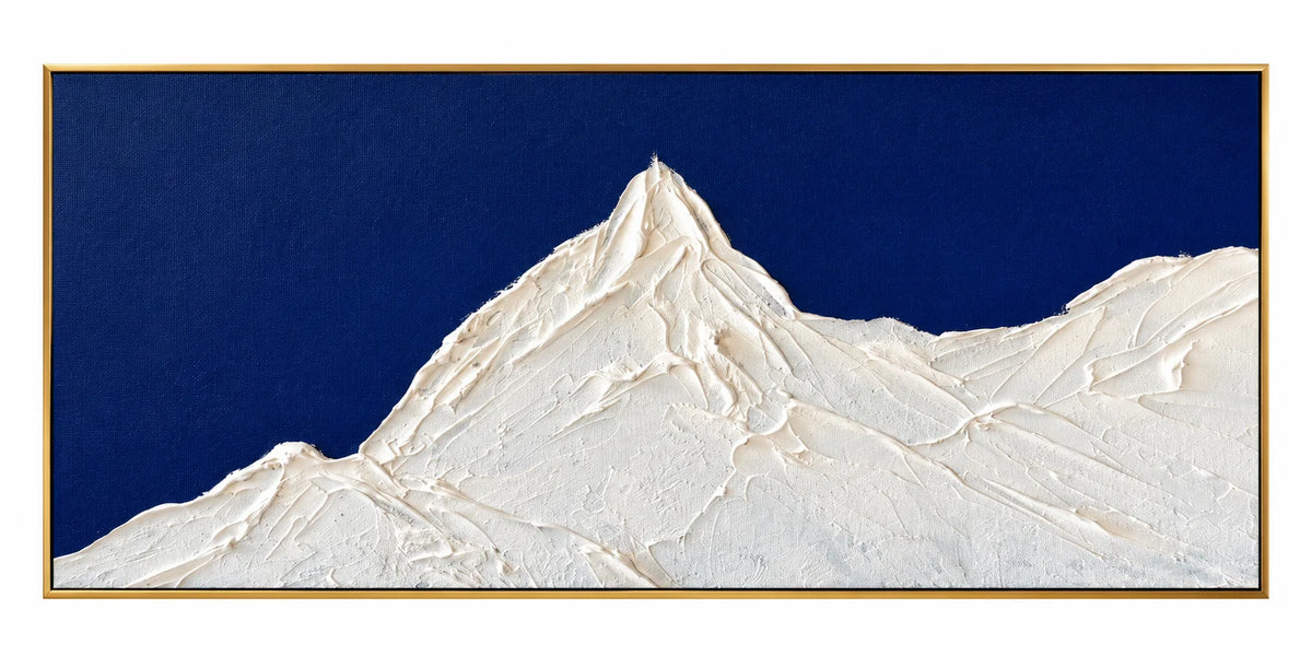 Abstract Oil Painting - White Impasto Mountain on Navy Blue Canvas